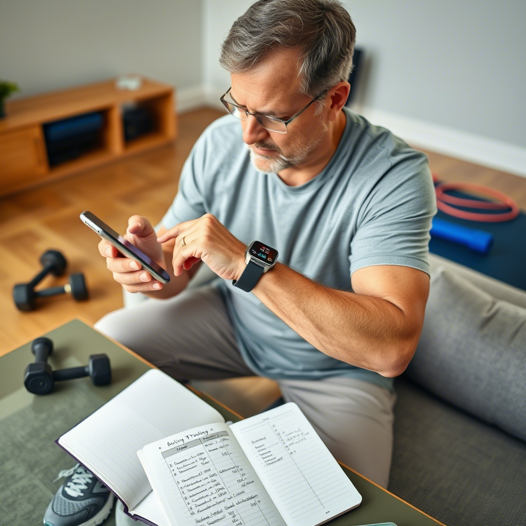 Un homme d'âge moyen consulte attentivement son smartphone affichant une application de suivi d'activité, tout en attachant sa montre connectée à son poignet. Il est vêtu d'une tenue de sport confortable et porte des baskets de course. Sur la table basse devant lui, on aperçoit un carnet de notes ouvert avec un planning d'entraînement et des objectifs notés de façon méthodique. En arrière-plan, une petite zone d'exercice à domicile avec quelques haltères, un tapis de fitness et une corde à sauter témoigne de son engagement. Son expression est concentrée et déterminée, illustrant l'approche structurée et technologique de sa démarche de perte de poids.